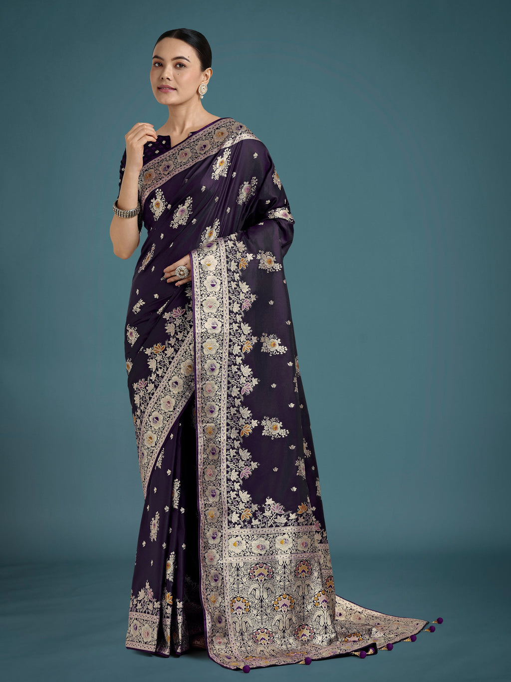 Monjolika Fashion Dark Purple Glamour and Tradition With This Zari Woven Banarasi Satin Silk Saree | Grocsy