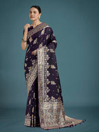 Monjolika Fashion Dark Purple Glamour and Tradition With This Zari Woven Banarasi Satin Silk Saree | Grocsy