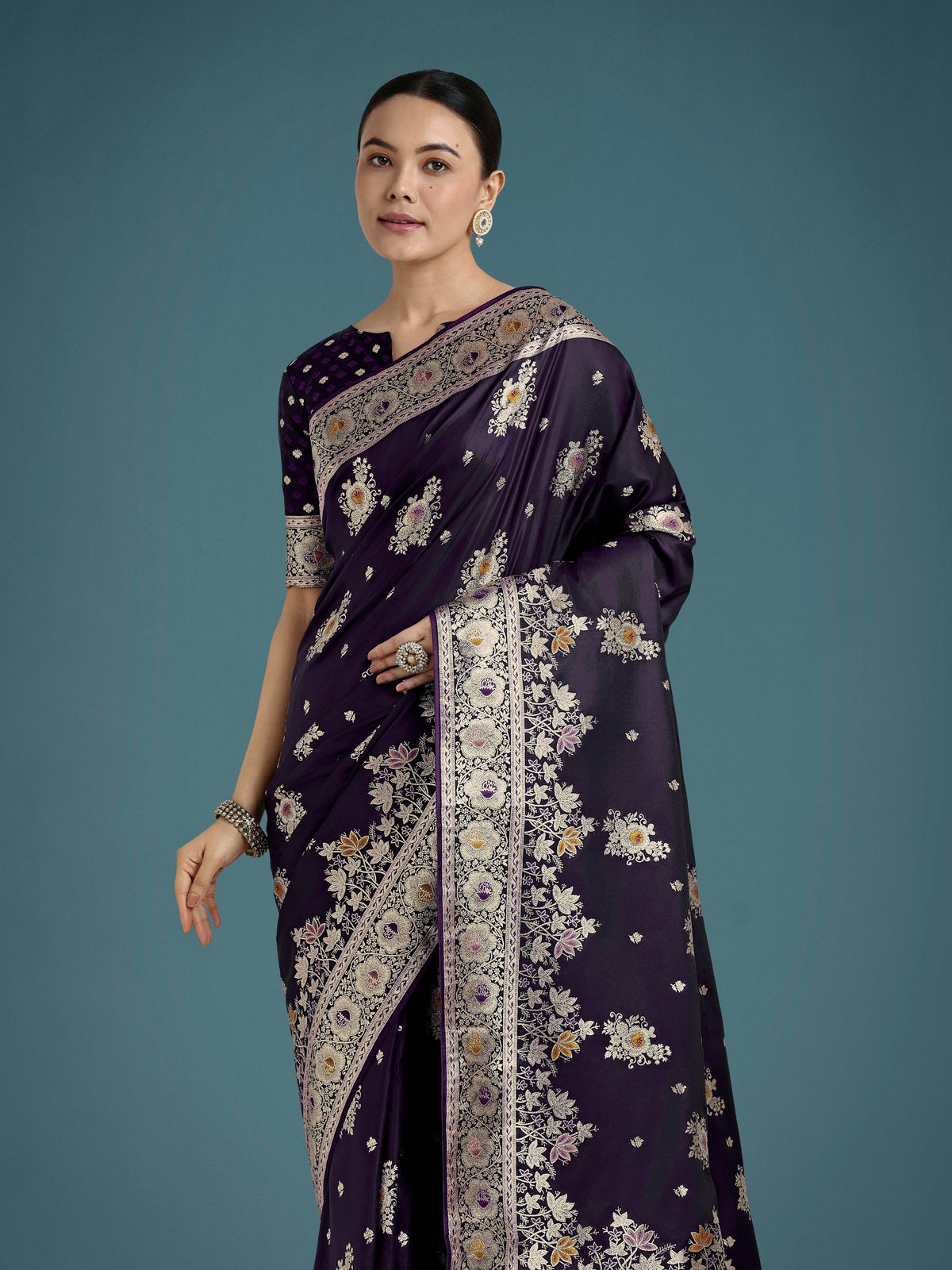 Monjolika Fashion Dark Purple Glamour and Tradition With This Zari Woven Banarasi Satin Silk Saree | Grocsy