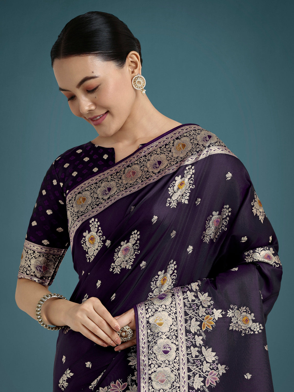 Monjolika Fashion Dark Purple Glamour and Tradition With This Zari Woven Banarasi Satin Silk Saree | Grocsy