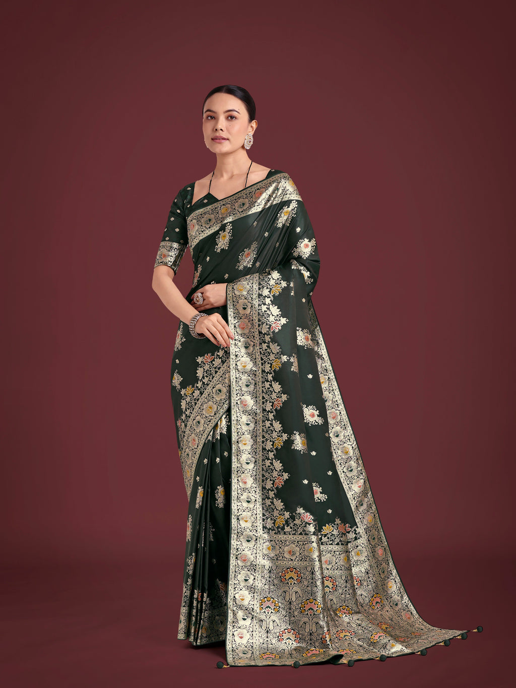 Monjolika Fashion Dark Green Glamour and Tradition With This Zari Woven Banarasi Satin Silk Saree | Grocsy