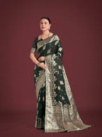 Monjolika Fashion Dark Green Glamour and Tradition With This Zari Woven Banarasi Satin Silk Saree | Grocsy
