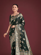 Monjolika Fashion Dark Green Glamour and Tradition With This Zari Woven Banarasi Satin Silk Saree | Grocsy