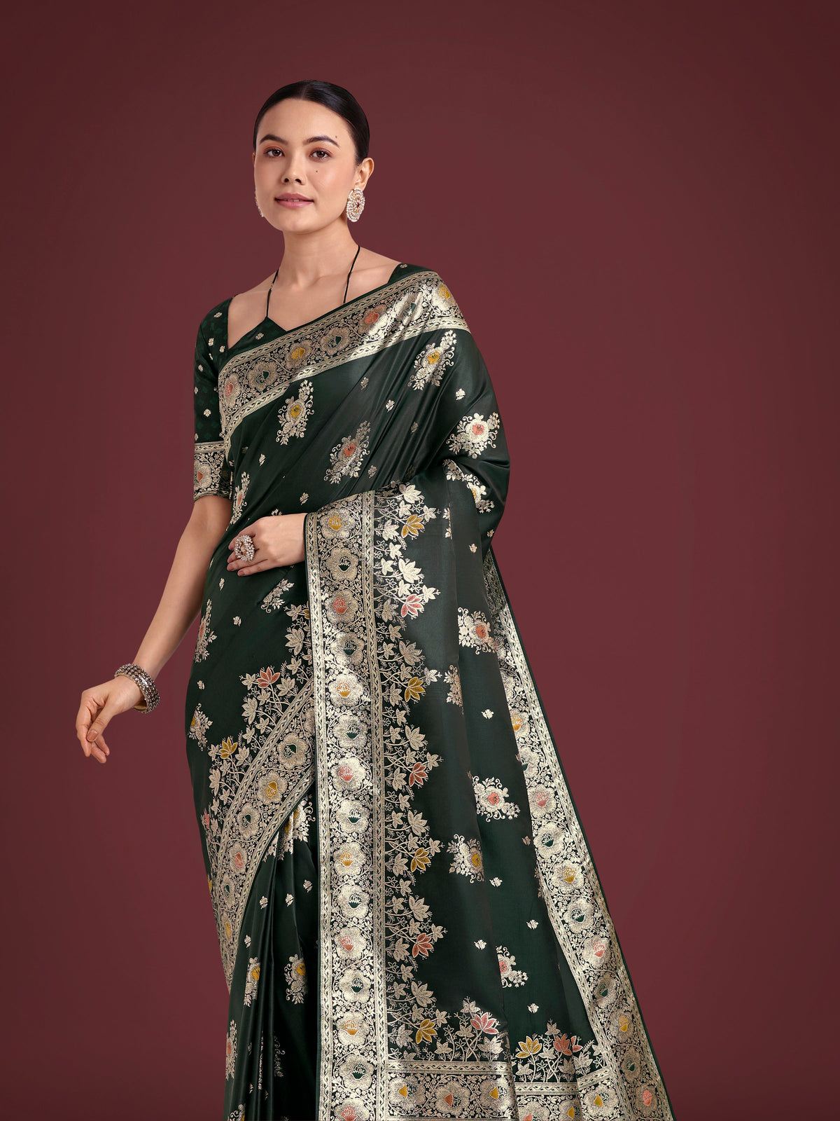 Monjolika Fashion Dark Green Glamour and Tradition With This Zari Woven Banarasi Satin Silk Saree | Grocsy