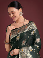 Monjolika Fashion Dark Green Glamour and Tradition With This Zari Woven Banarasi Satin Silk Saree | Grocsy