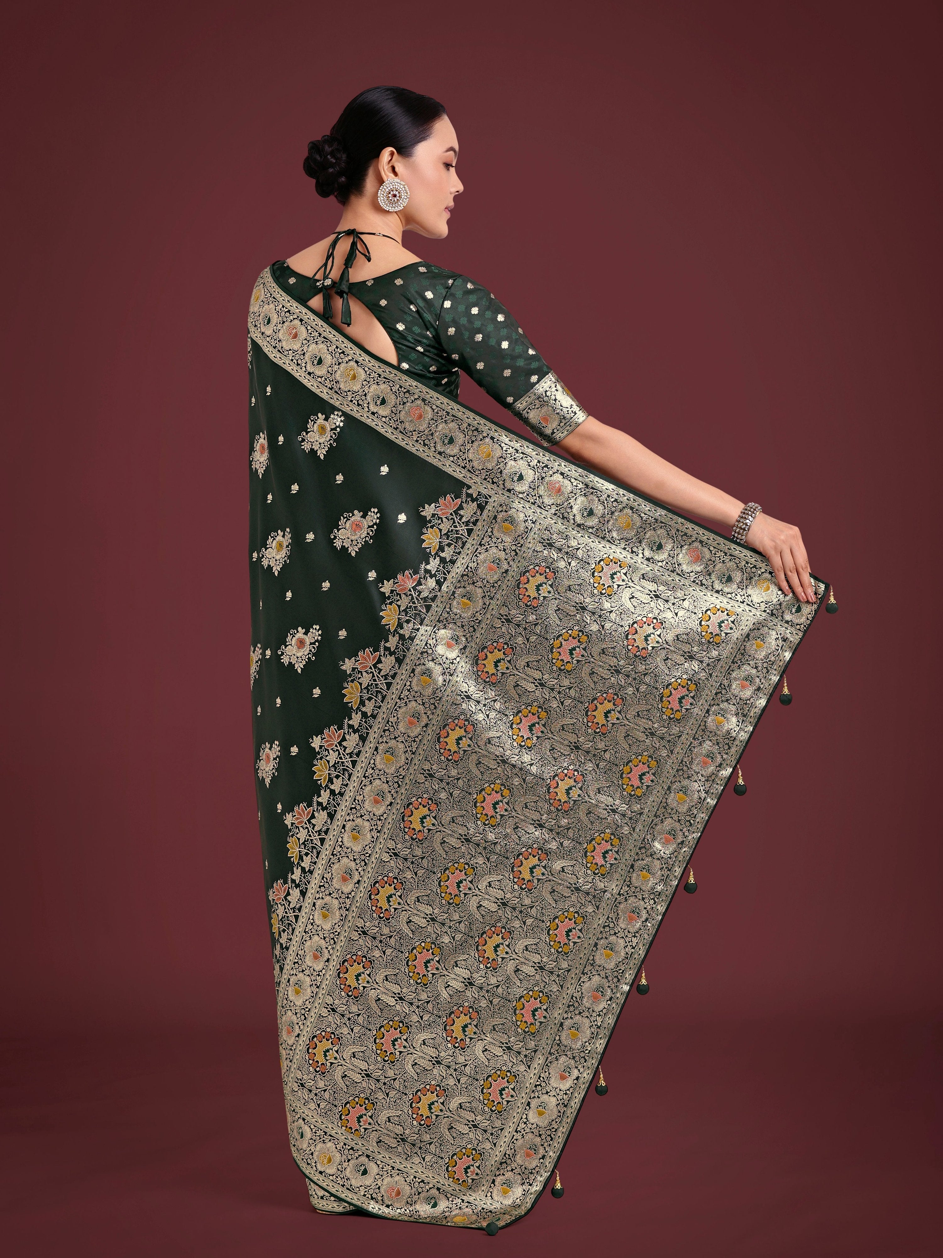 Monjolika Fashion Dark Green Glamour and Tradition With This Zari Woven Banarasi Satin Silk Saree | Grocsy
