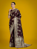 Monjolika Fashion Dark Maroon Glamour and Tradition With This Zari Woven Banarasi Satin Silk Saree | Grocsy