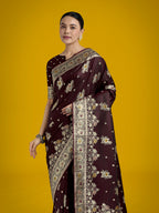 Monjolika Fashion Dark Maroon Glamour and Tradition With This Zari Woven Banarasi Satin Silk Saree | Grocsy