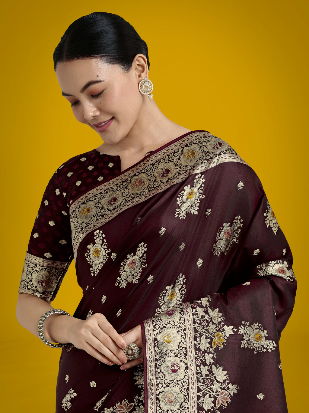 Monjolika Fashion Dark Maroon Glamour and Tradition With This Zari Woven Banarasi Satin Silk Saree | Grocsy