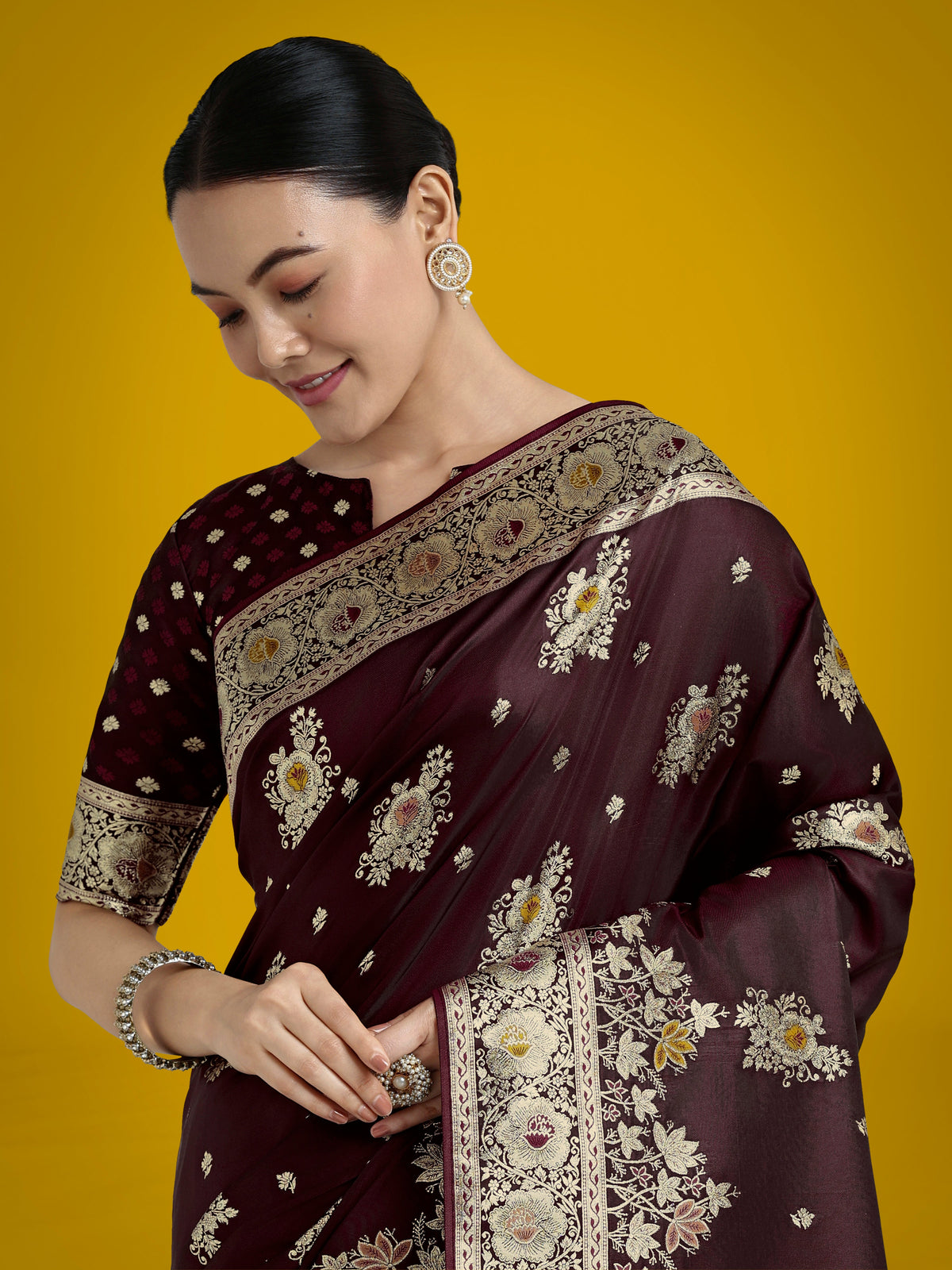 Monjolika Fashion Dark Maroon Glamour and Tradition With This Zari Woven Banarasi Satin Silk Saree | Grocsy