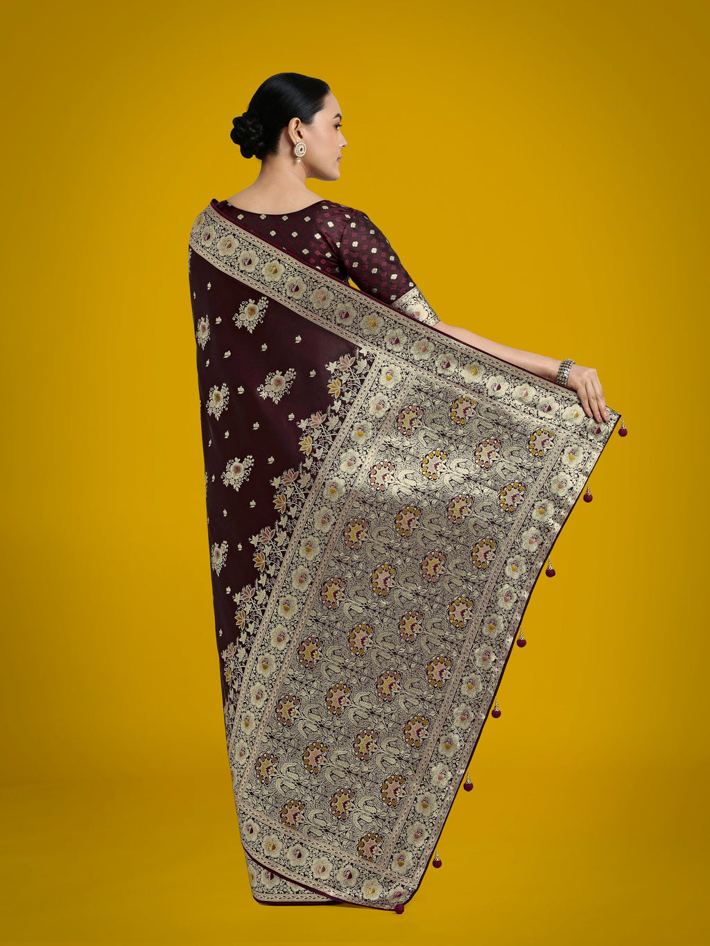 Monjolika Fashion Dark Maroon Glamour and Tradition With This Zari Woven Banarasi Satin Silk Saree | Grocsy