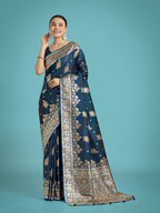 Monjolika Fashion Dark Teal Glamour and Tradition With This Zari Woven Banarasi Satin Silk Saree | Grocsy