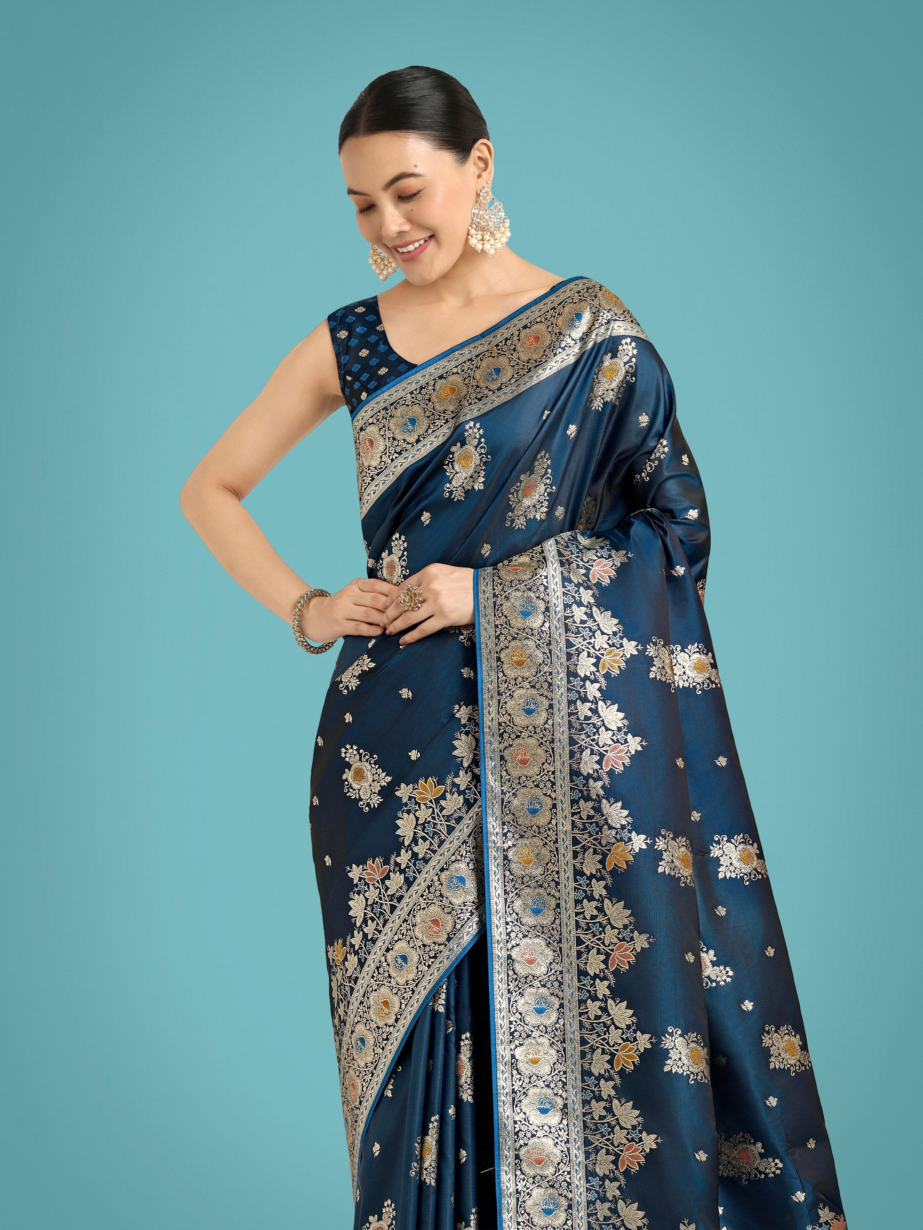 Monjolika Fashion Dark Teal Glamour and Tradition With This Zari Woven Banarasi Satin Silk Saree | Grocsy
