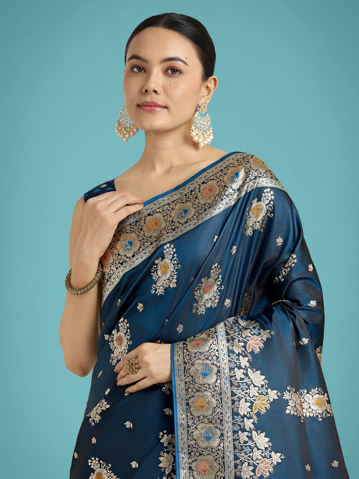 Monjolika Fashion Dark Teal Glamour and Tradition With This Zari Woven Banarasi Satin Silk Saree | Grocsy