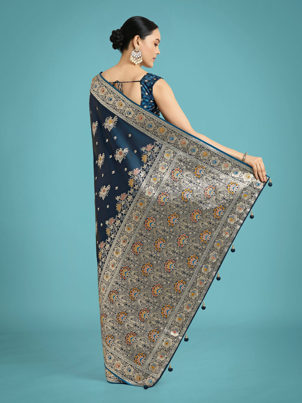 Monjolika Fashion Dark Teal Glamour and Tradition With This Zari Woven Banarasi Satin Silk Saree | Grocsy