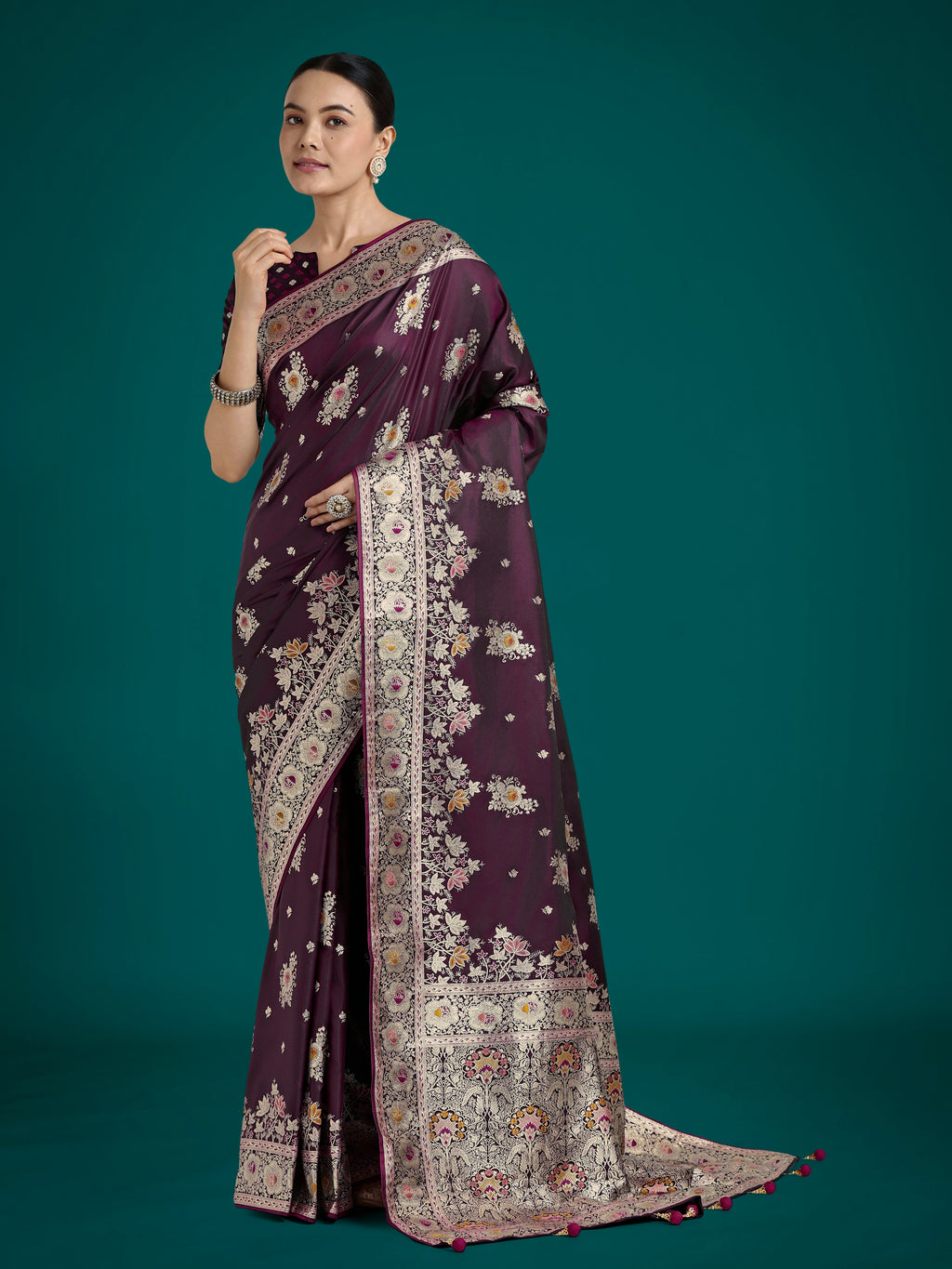 Monjolika Fashion Dark Wine Glamour and Tradition With This Zari Woven Banarasi Satin Silk Saree | Grocsy