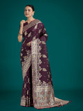 Monjolika Fashion Dark Wine Glamour and Tradition With This Zari Woven Banarasi Satin Silk Saree | Grocsy