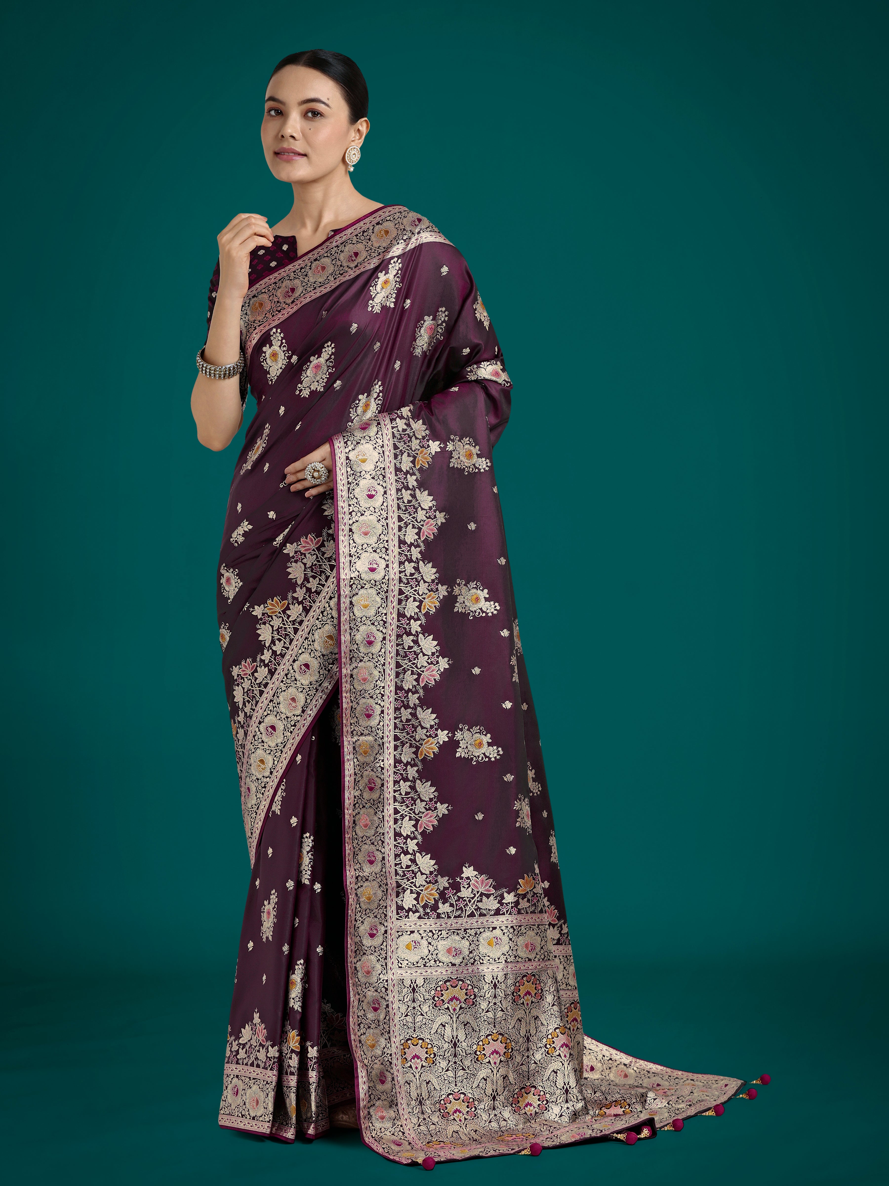 Monjolika Fashion Dark Wine Glamour and Tradition With This Zari Woven Banarasi Satin Silk Saree | Grocsy