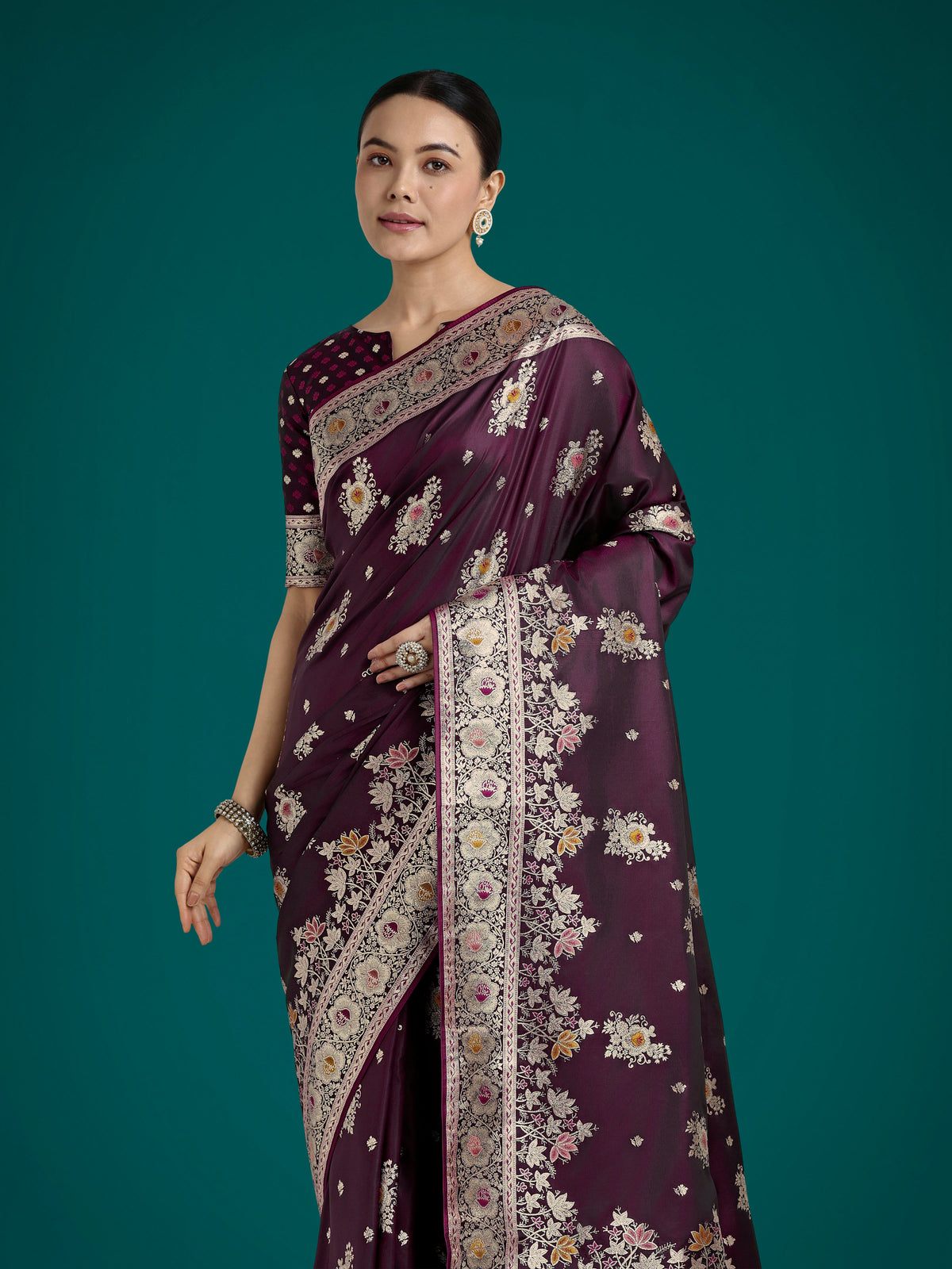 Monjolika Fashion Dark Wine Glamour and Tradition With This Zari Woven Banarasi Satin Silk Saree | Grocsy