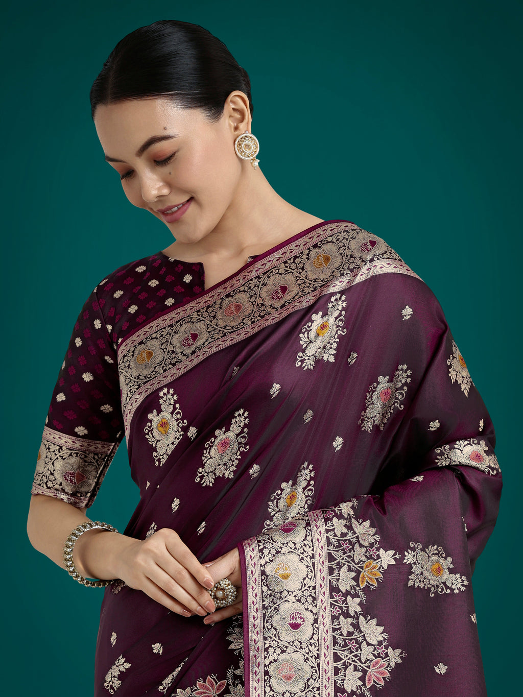 Monjolika Fashion Dark Wine Glamour and Tradition With This Zari Woven Banarasi Satin Silk Saree | Grocsy