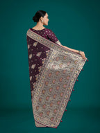 Monjolika Fashion Dark Wine Glamour and Tradition With This Zari Woven Banarasi Satin Silk Saree | Grocsy