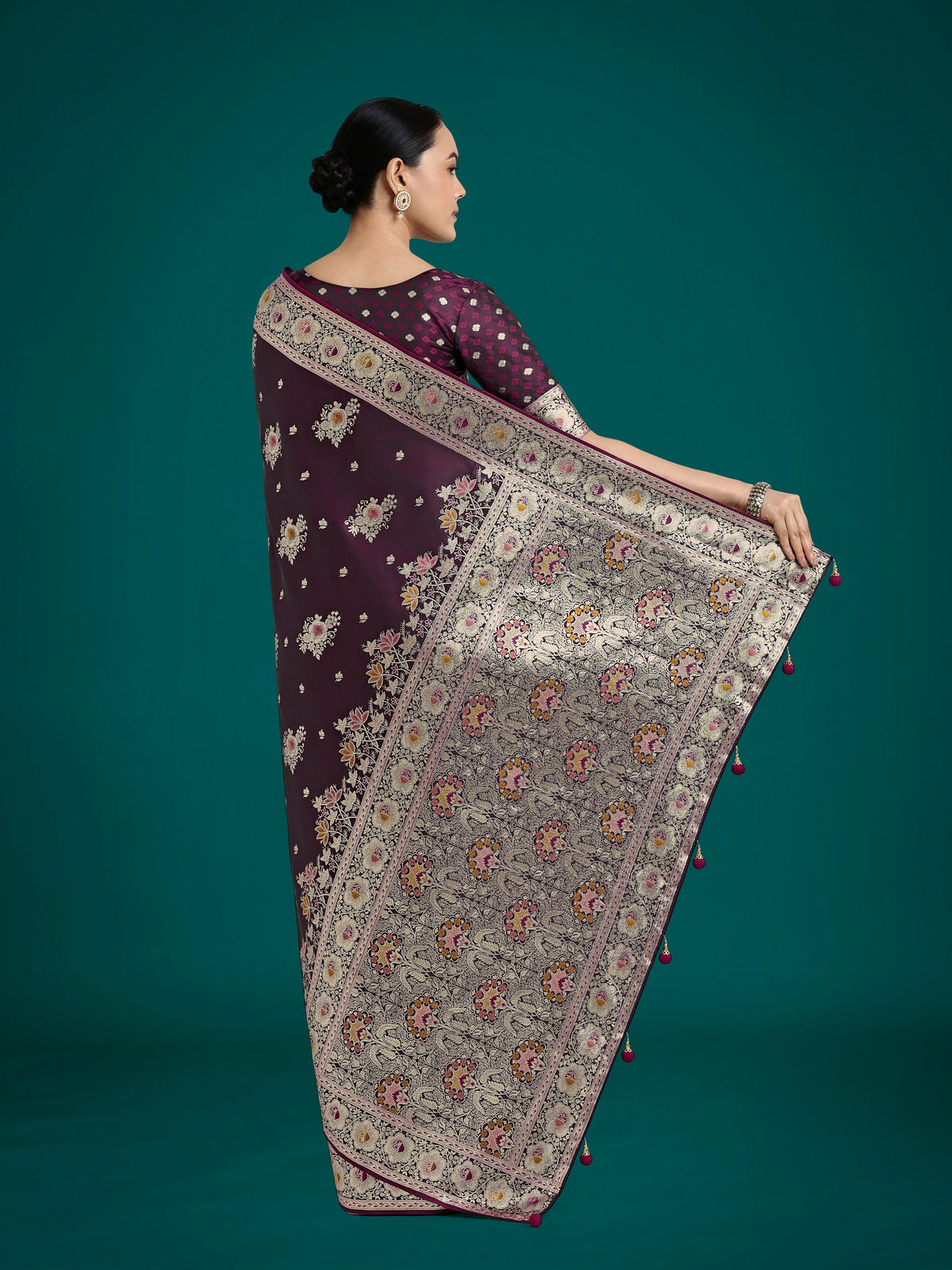 Monjolika Fashion Dark Wine Glamour and Tradition With This Zari Woven Banarasi Satin Silk Saree | Grocsy