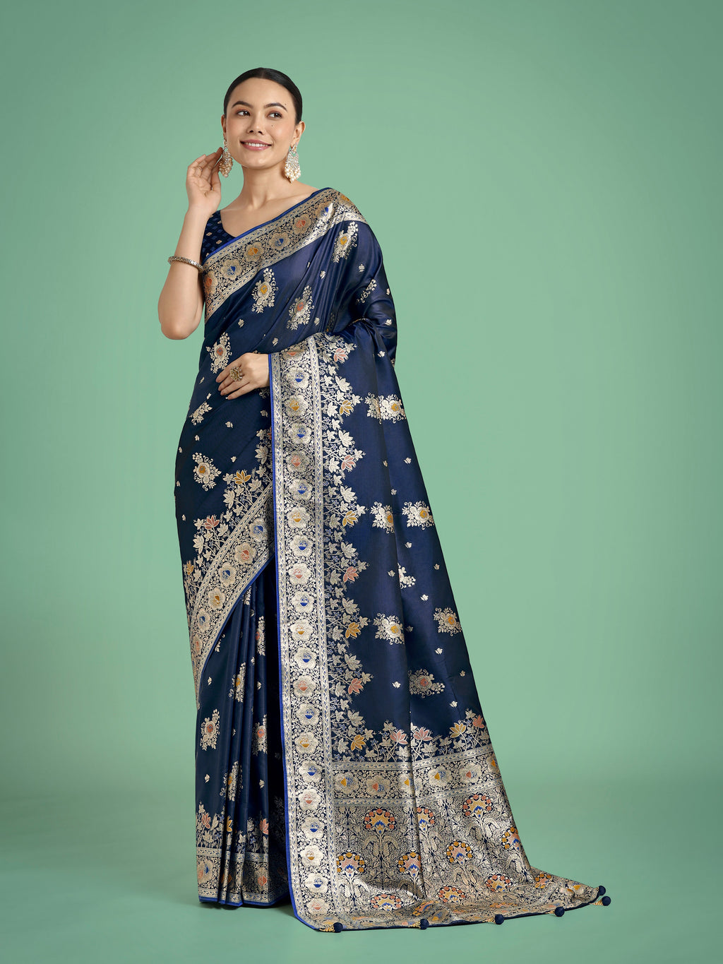 Monjolika Fashion Dark blue Glamour and Tradition With This Zari Woven Banarasi Satin Silk Saree | Grocsy