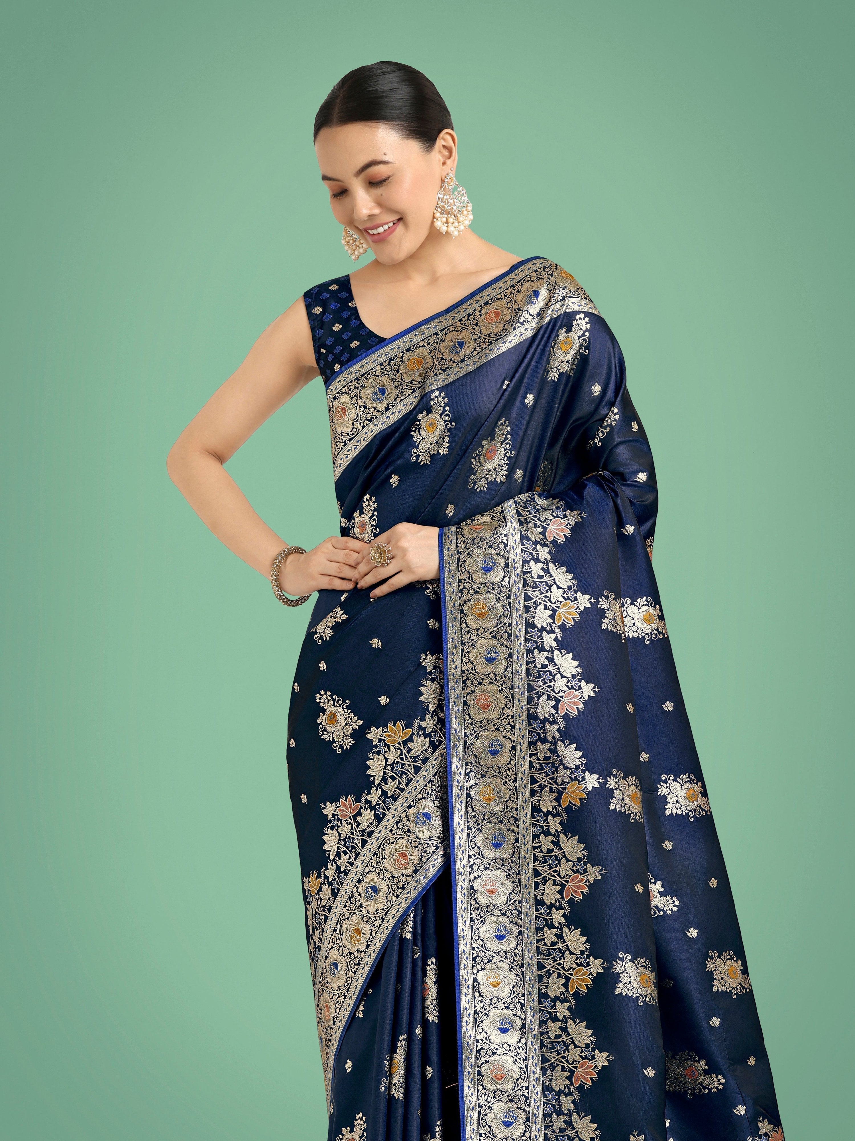 Monjolika Fashion Dark blue Glamour and Tradition With This Zari Woven Banarasi Satin Silk Saree | Grocsy