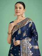 Monjolika Fashion Dark blue Glamour and Tradition With This Zari Woven Banarasi Satin Silk Saree | Grocsy