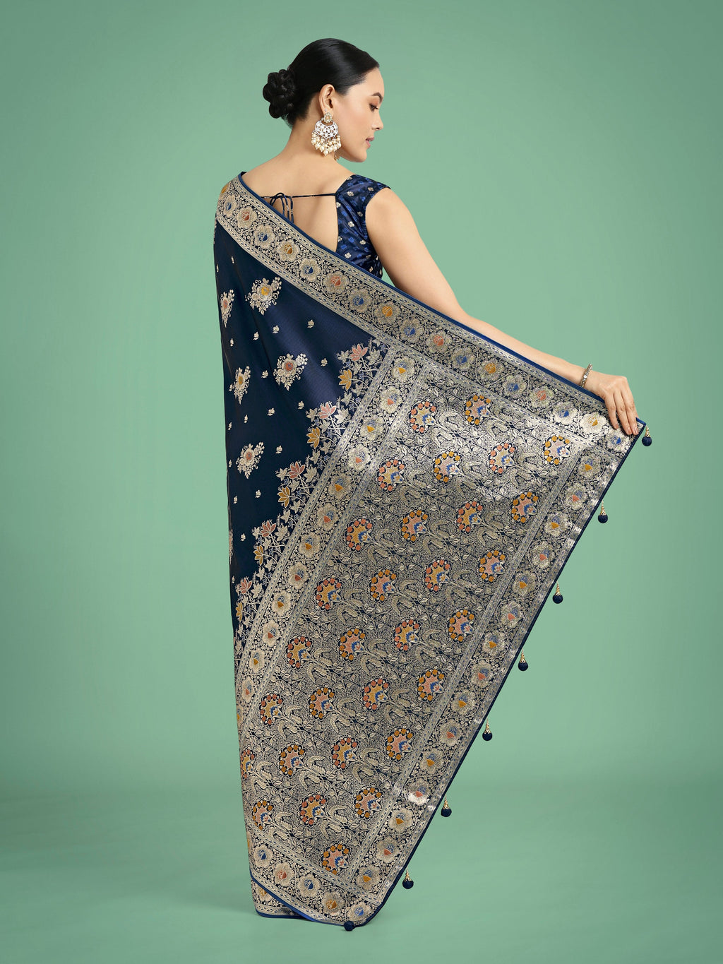 Monjolika Fashion Dark blue Glamour and Tradition With This Zari Woven Banarasi Satin Silk Saree | Grocsy