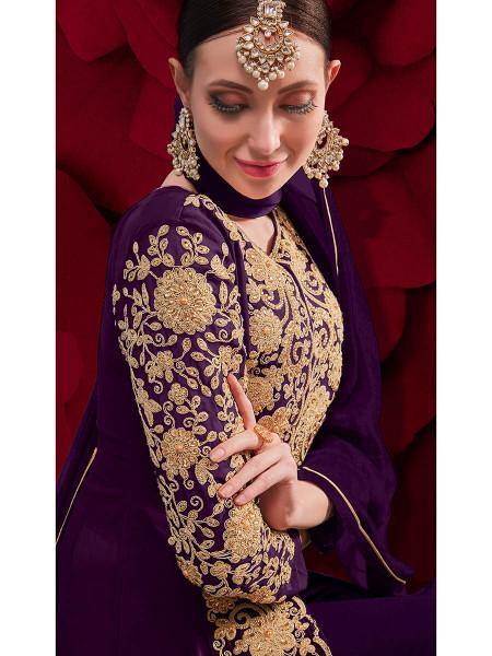 Myra Purple Georgette Embroidered Anarkali Pant Style Suit | Grocsy