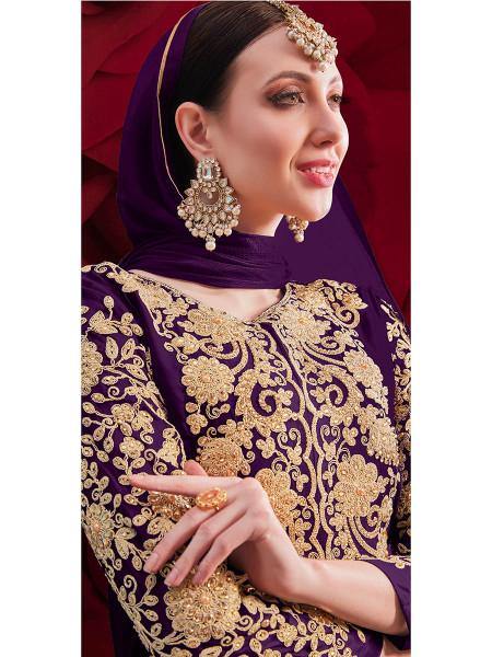 Myra Purple Georgette Embroidered Anarkali Pant Style Suit | Grocsy