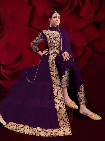 Myra Purple Georgette Embroidered Anarkali Pant Style Suit | Grocsy