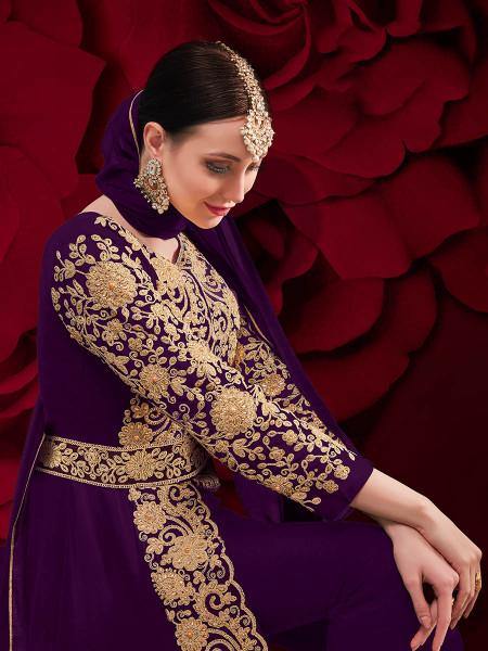 Myra Purple Georgette Embroidered Anarkali Pant Style Suit | Grocsy