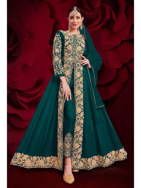 Myra Dark Green Georgette Embroidered Anarkali Pant Style Suit | Grocsy