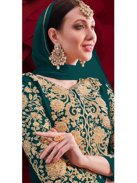 Myra Dark Green Georgette Embroidered Anarkali Pant Style Suit | Grocsy