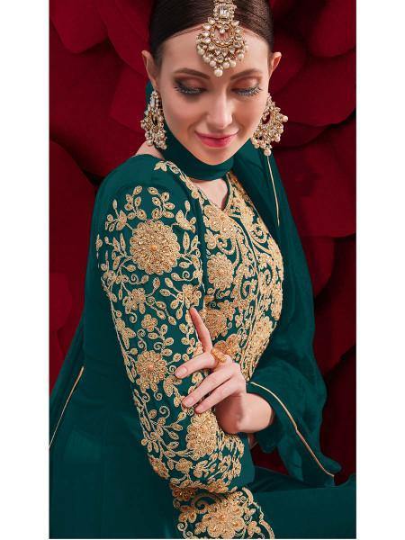 Myra Dark Green Georgette Embroidered Anarkali Pant Style Suit | Grocsy