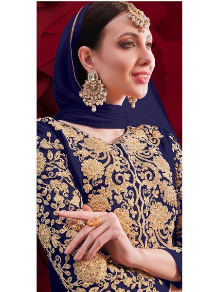 Myra Navy Blue Georgette Embroidered Anarkali Pant Style Suit | Grocsy
