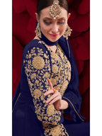 Myra Navy Blue Georgette Embroidered Anarkali Pant Style Suit | Grocsy