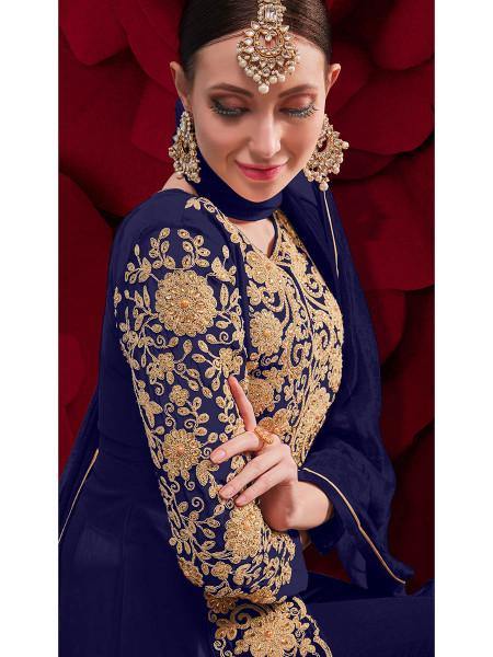 Myra Navy Blue Georgette Embroidered Anarkali Pant Style Suit | Grocsy