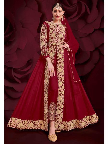 Myra Maroon Georgette Embroidered Anarkali Pant Style Suit | Grocsy