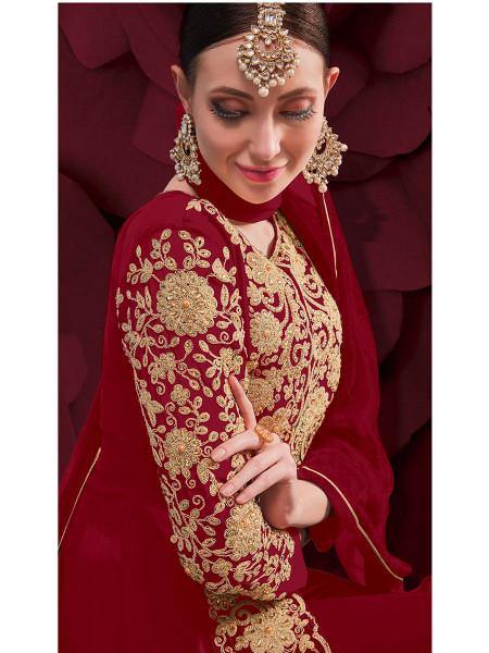 Myra Maroon Georgette Embroidered Anarkali Pant Style Suit | Grocsy