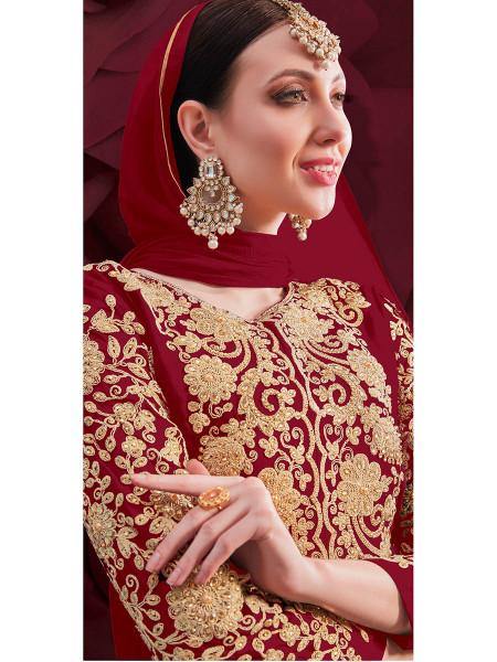 Myra Maroon Georgette Embroidered Anarkali Pant Style Suit | Grocsy