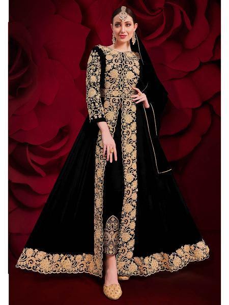 Myra Black Georgette Embroidered Anarkali Pant Style Suit | Grocsy