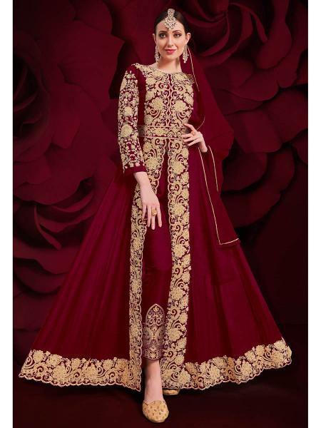 Myra Wine Georgette Embroidered Anarkali Pant Style Suit | Grocsy