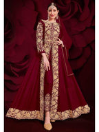 Myra Wine Georgette Embroidered Anarkali Pant Style Suit | Grocsy