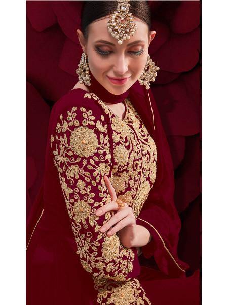 Myra Wine Georgette Embroidered Anarkali Pant Style Suit | Grocsy