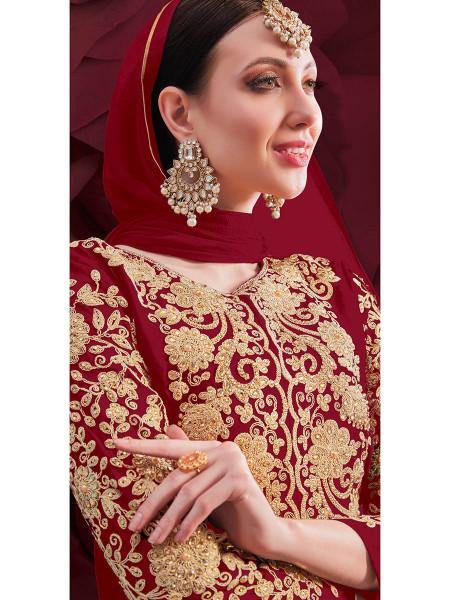Myra Wine Georgette Embroidered Anarkali Pant Style Suit | Grocsy