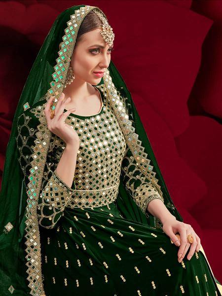Myra Green Georgette Embroidered Anarkali Pant Style Suit | Grocsy