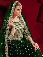Myra Green Georgette Embroidered Anarkali Pant Style Suit | Grocsy